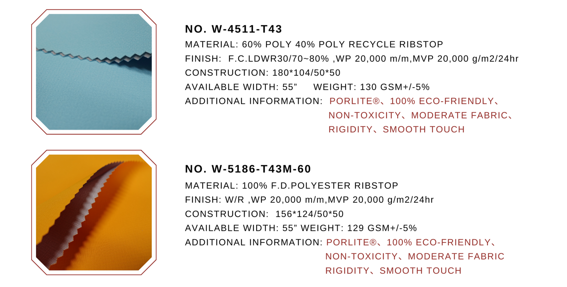 Porlite Fabric Recommendations Two Porlite fabric samples with product specifications