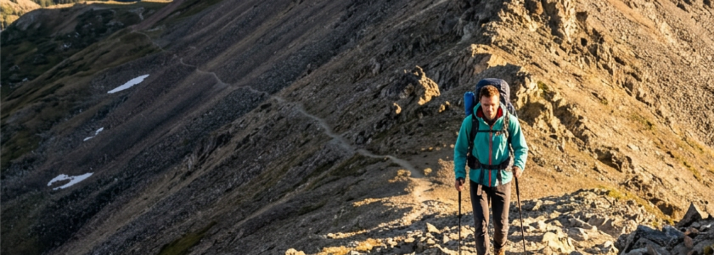 Combination-Weave Jacquard Jacket Scene Hiker wearing a functional jacket on a rocky mountain trail